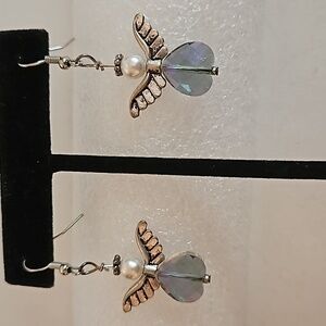 Purple AB Crystal & Faux Pearl on Silvertone Angel Pierced Earrings